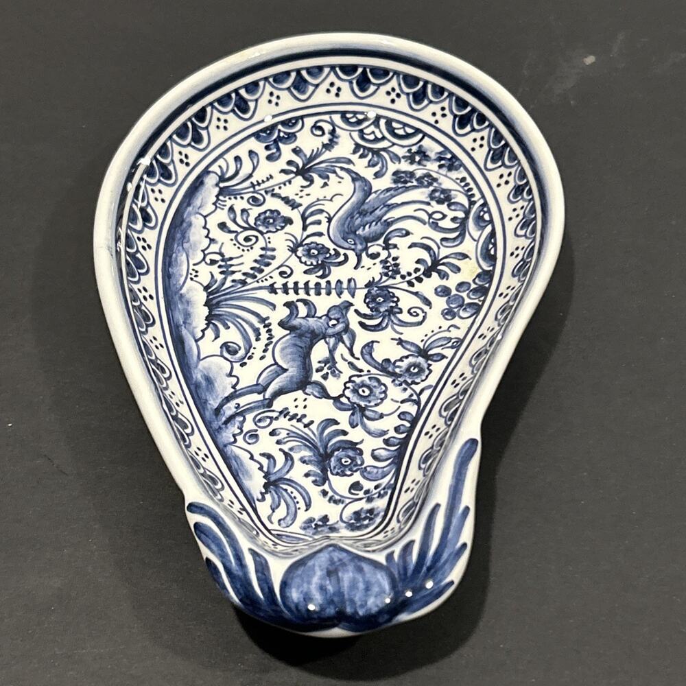 Hand Painted CIVA Sevilla Spain Blue White Ceramic Spoon Rest Bird Floral 515